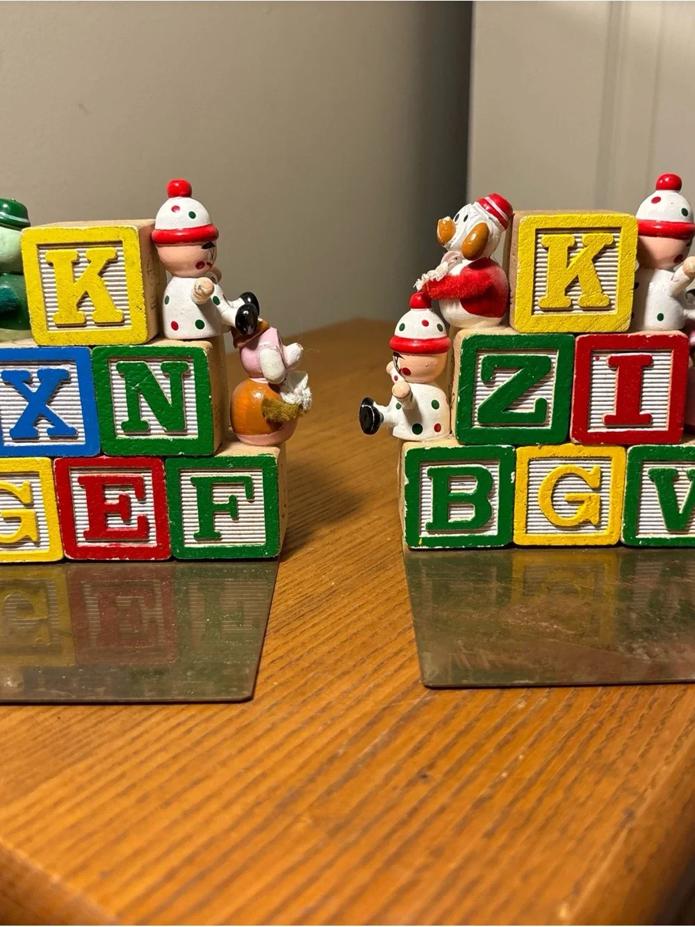 Wooden Alphabet Blocks Set with Festive Figures - Red, Green, Yellow, bookends